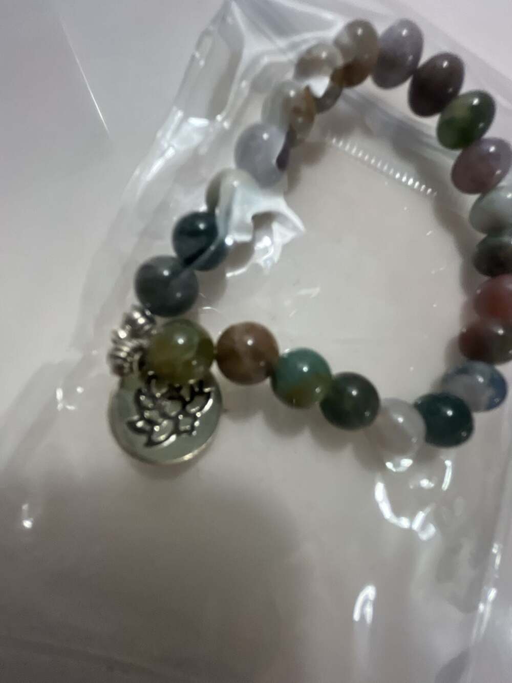 Indian Agate Beaded Stretch Bracelet With Lotus Charm